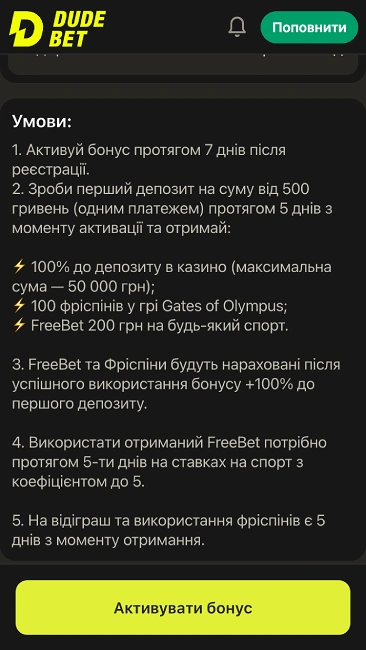 Умови відіграшу вітального бонусу ДудБет